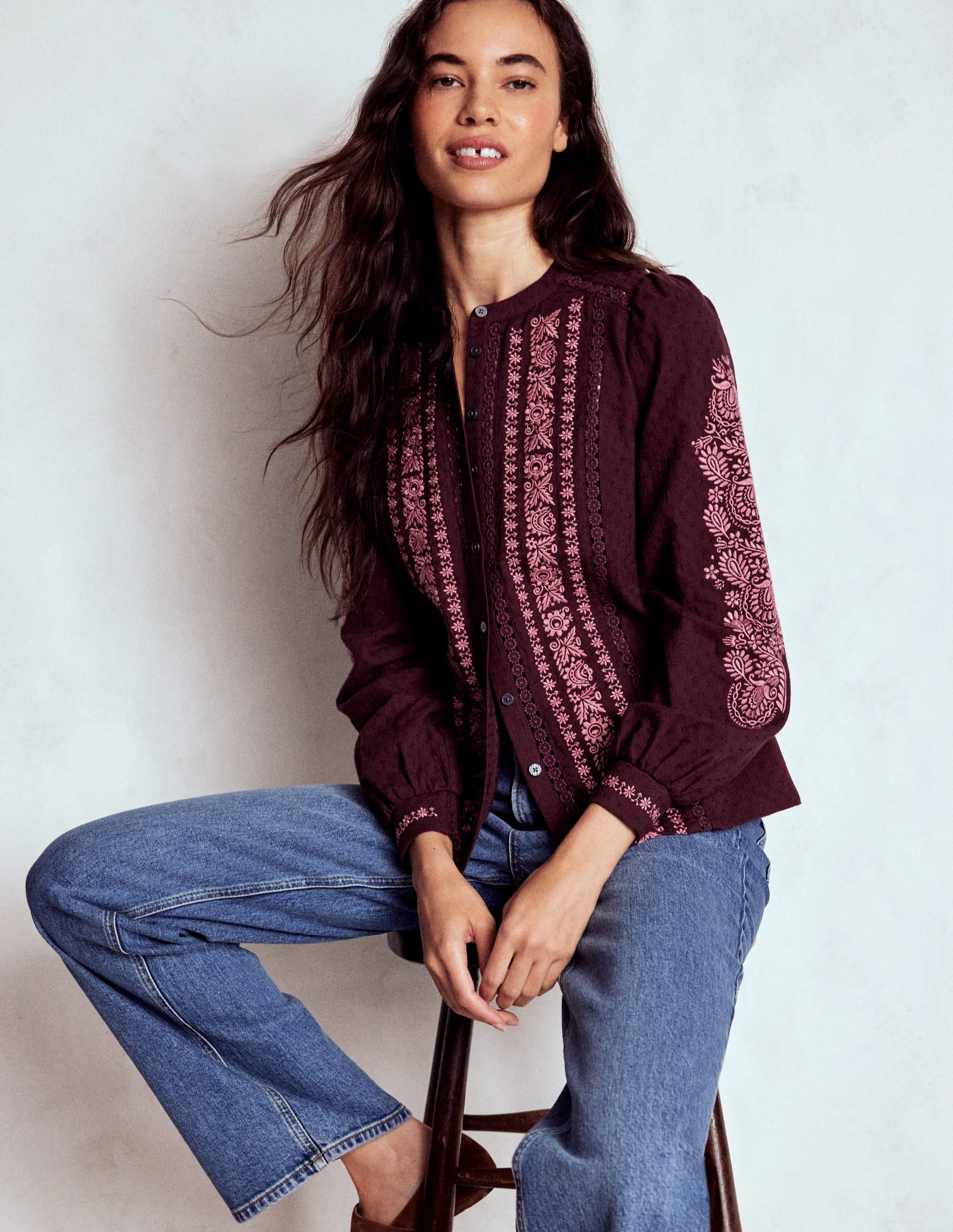 Embroidered Cotton Top-Dark Cherry Cozy Cardigan
