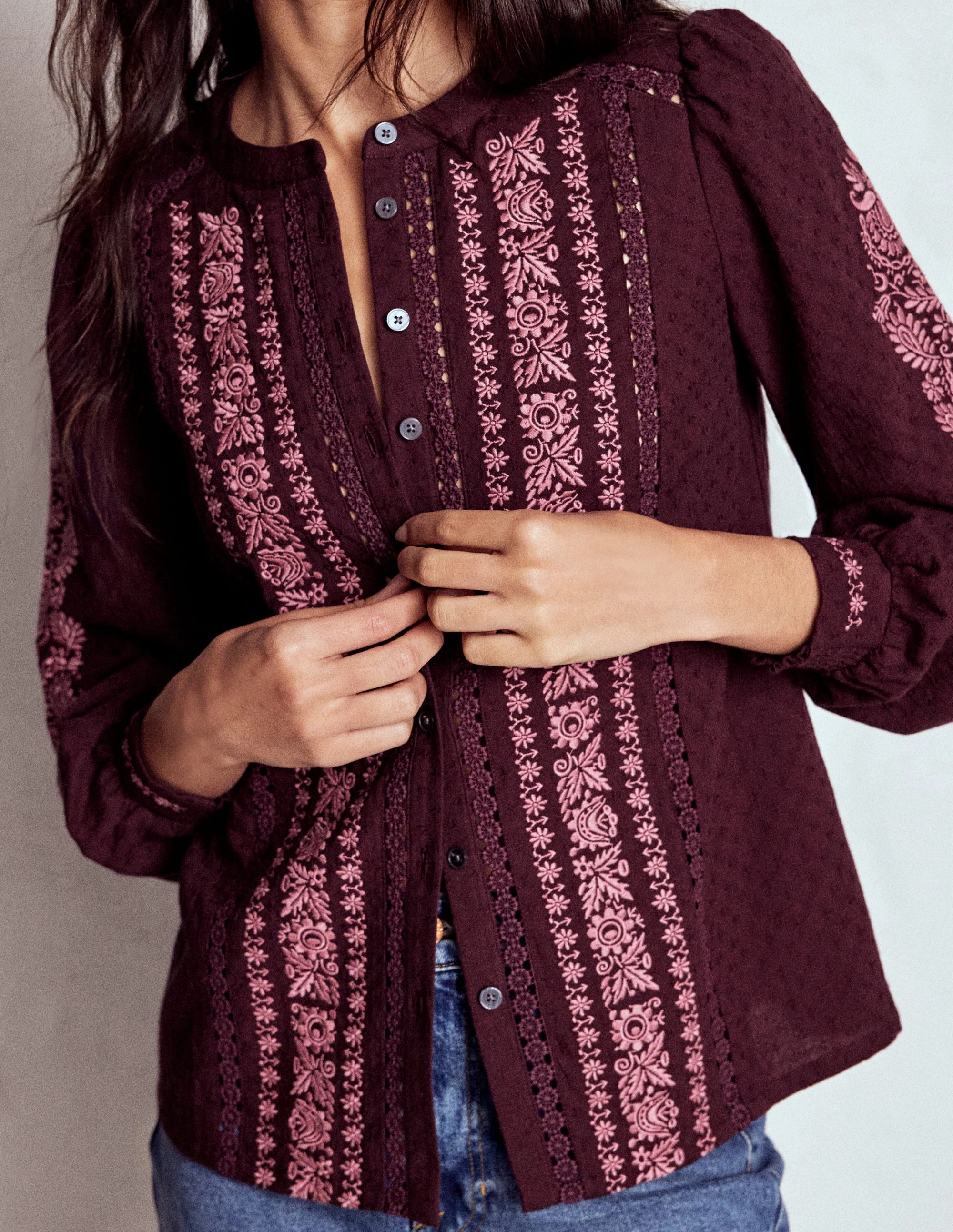 Embroidered Cotton Top-Dark Cherry MultiPocket