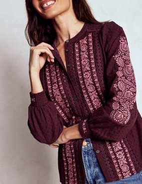 SnagResistant Embroidered Cotton Top-Dark Cherry