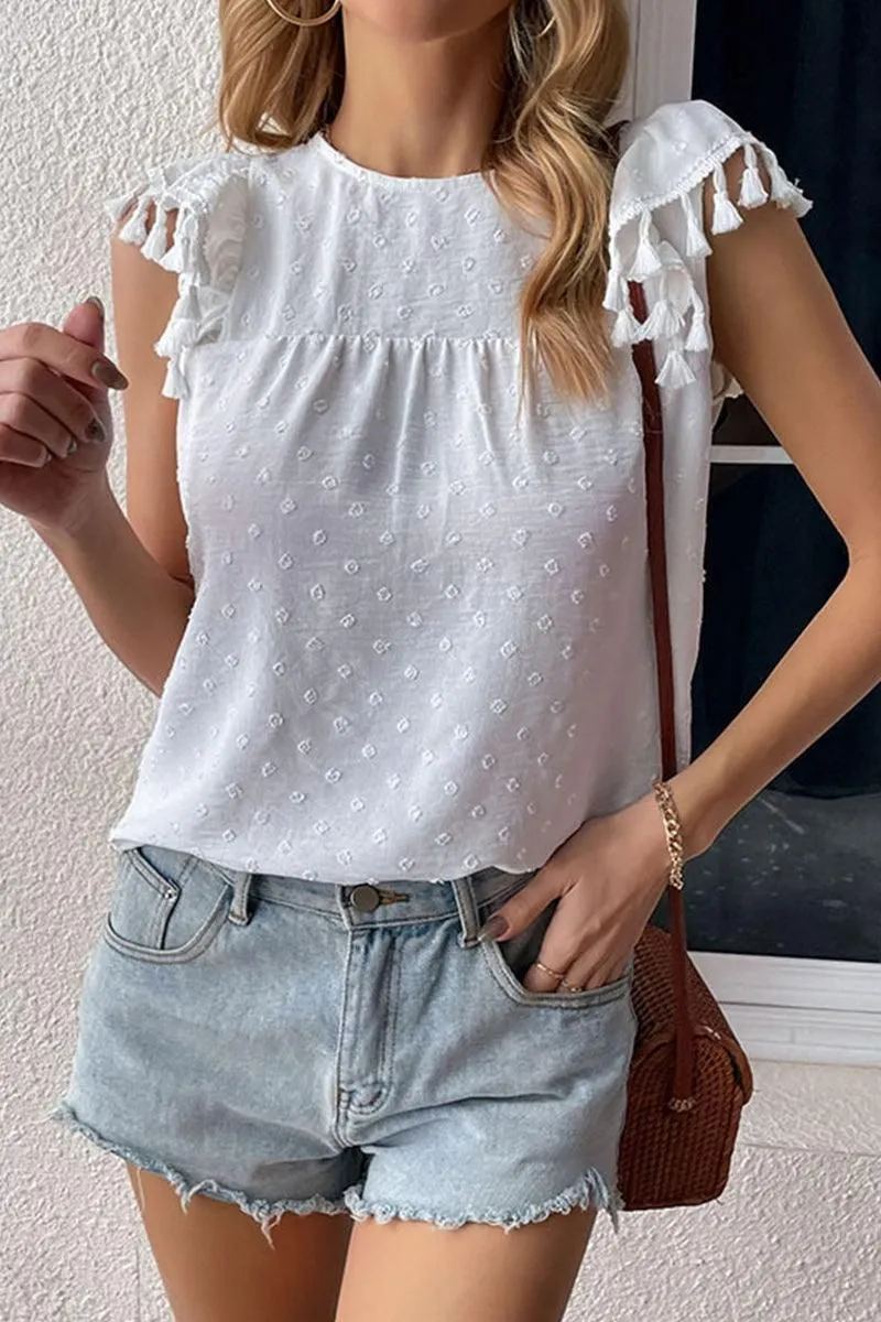 DOT LACE WRINKLED CHEST TASSEL CAP SLEEVE TEE SubtleTexture