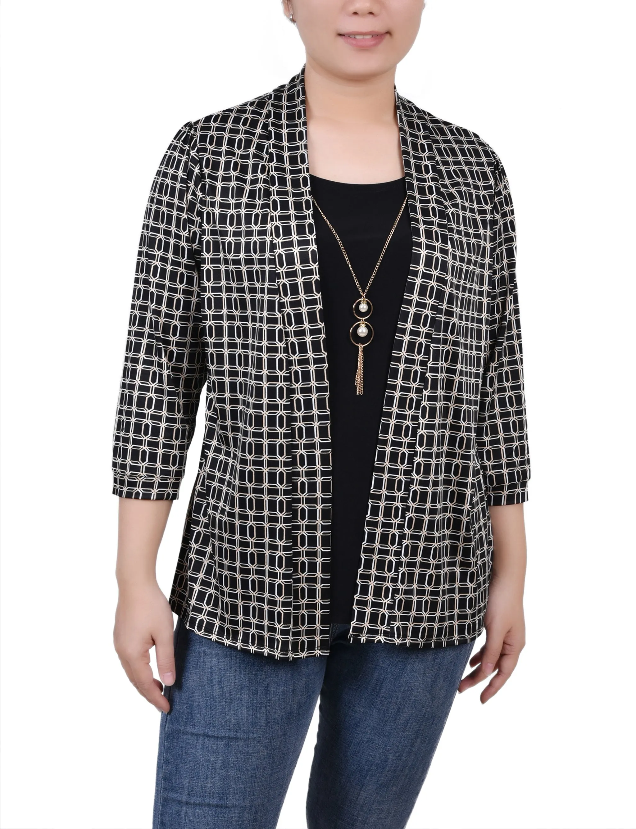 FeatherlightConstruction ReinforcedHem 3/4 Sleeve Two-Fer Top