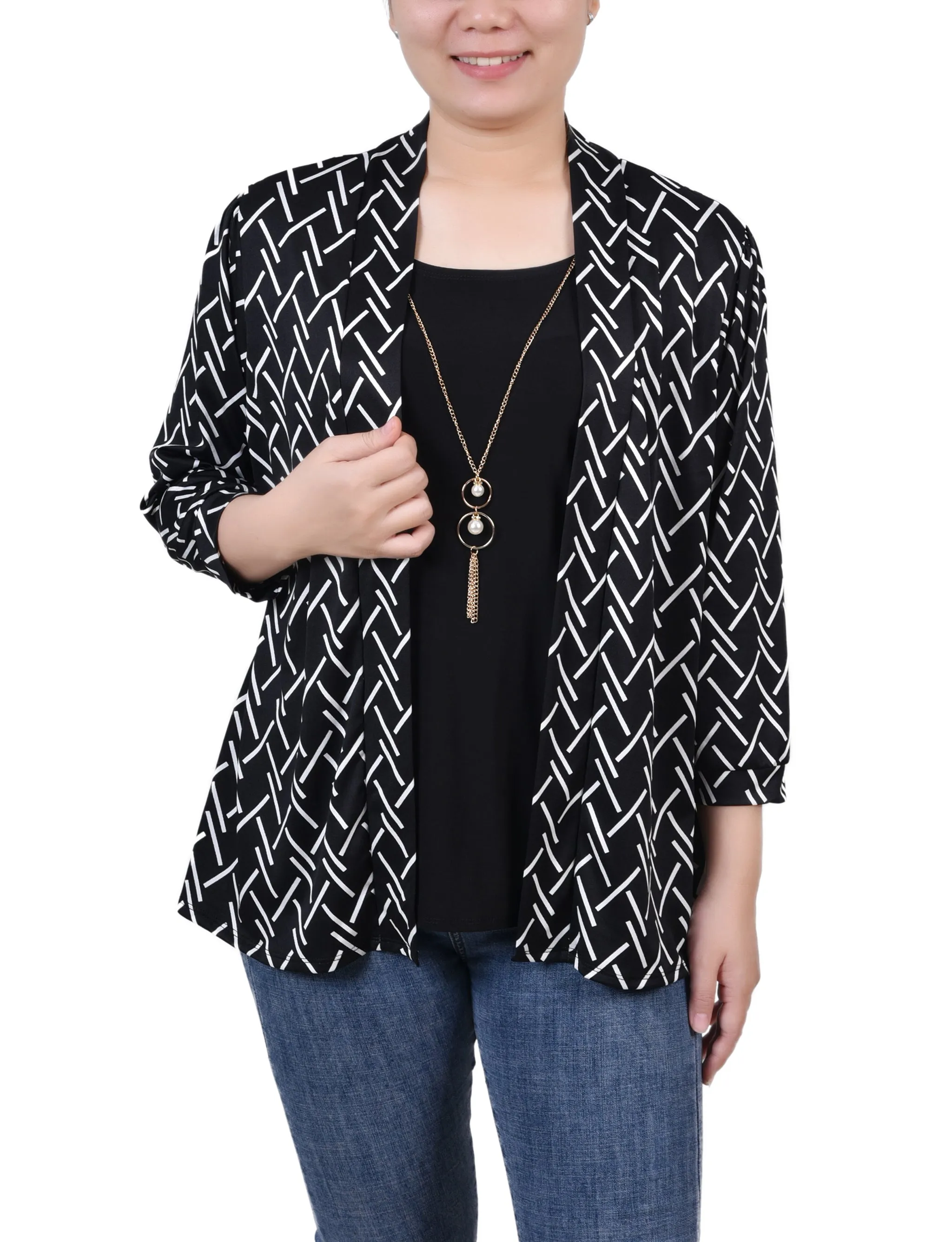3/4 Sleeve Two-Fer Top High Durability Material Ribbed collar