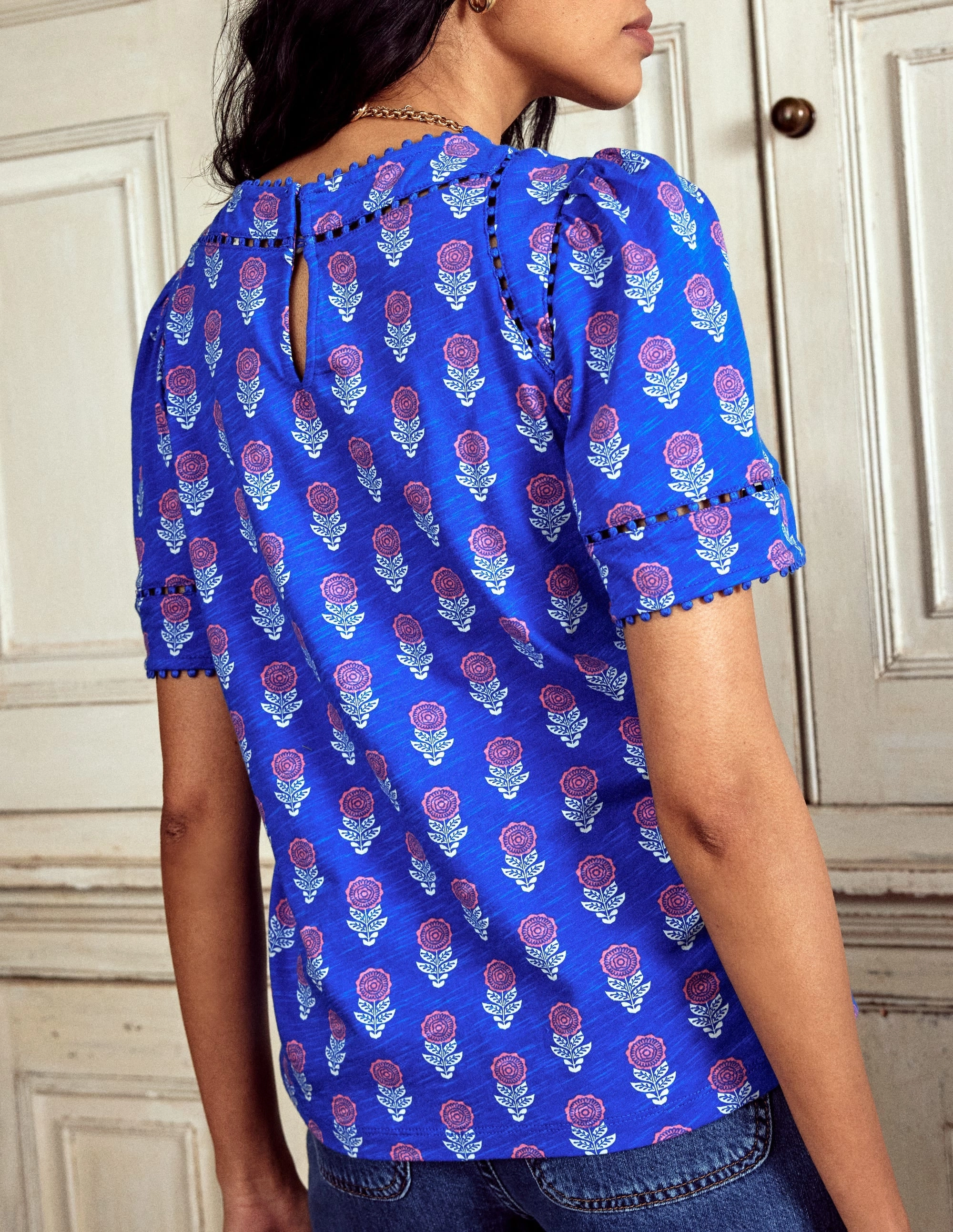 Mila Trim Detail Top-Gallery Blue, Dahlia Sprig Minimalist Detailing