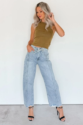 Solara High Rise Waist Tie Saige Denim Barrel Jeans (Light Wash) MicroPerforated Details