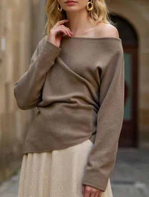 Solid color knit slant shoulder all-in-one casual top Flatlock Seam Technique Reinforced Hem