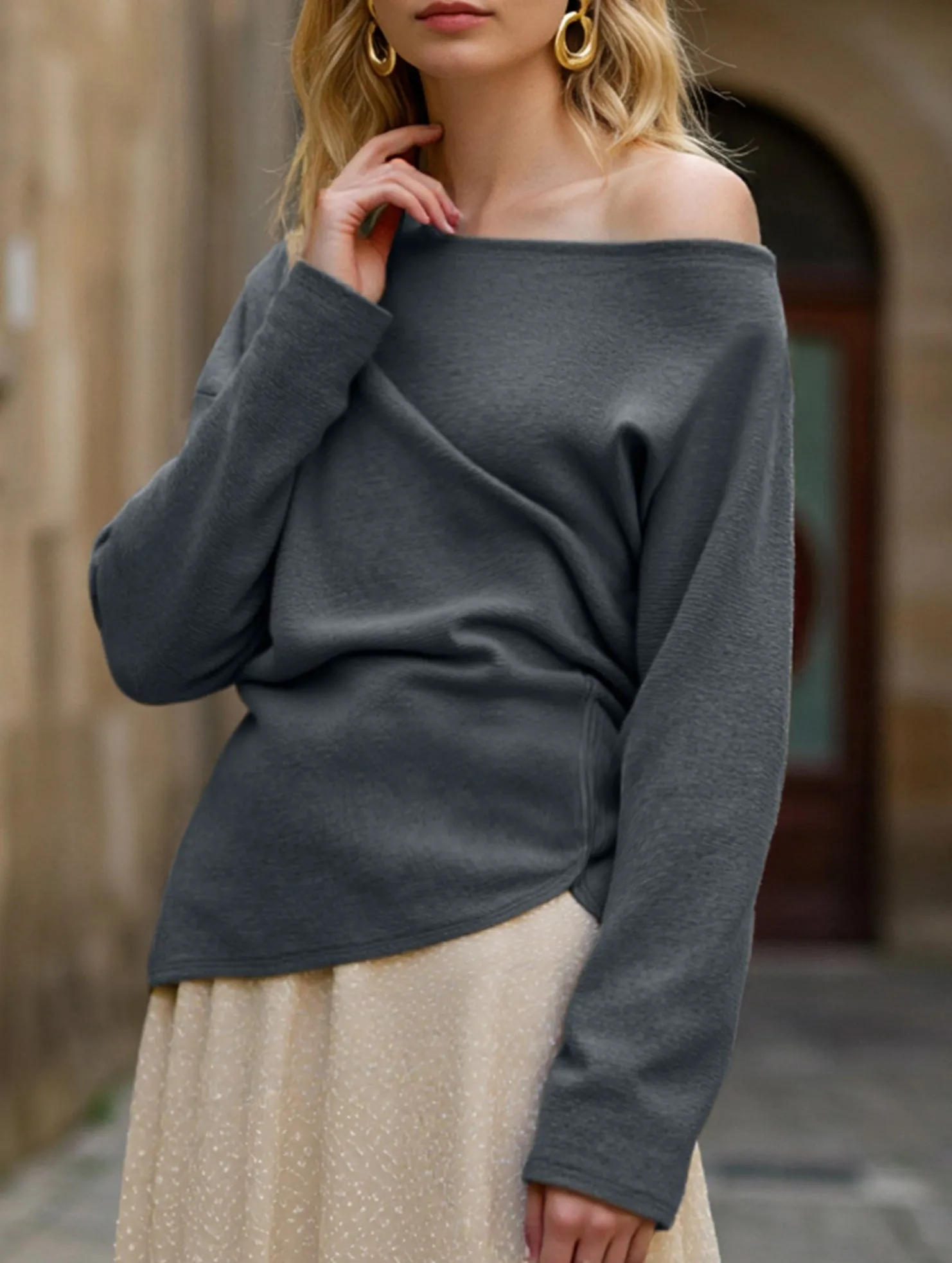 AntiSnag Fabric UV Protection Enhanced Solid color knit slant shoulder all-in-one casual top