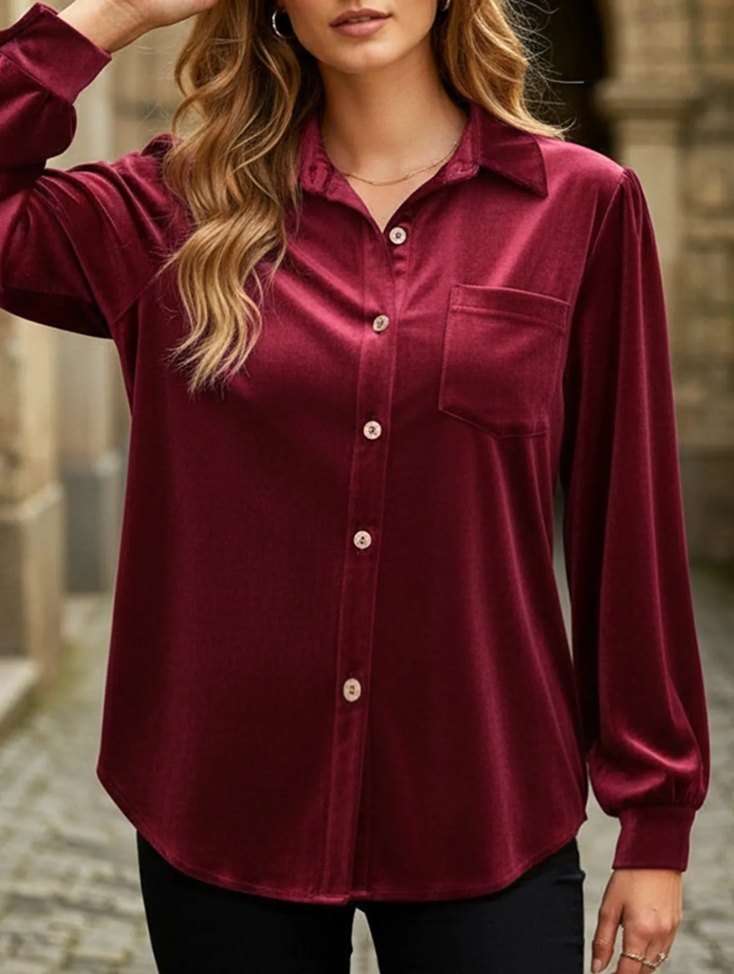 Solid color lapel lantern sleeve shirt AntiPill Finish