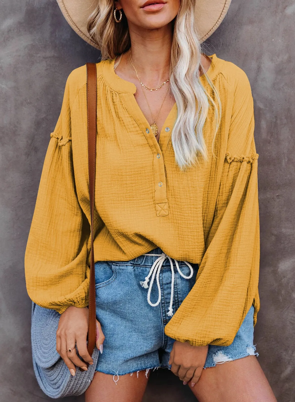 Solid color mosaic lantern sleeve button V-neck casual shirt woman