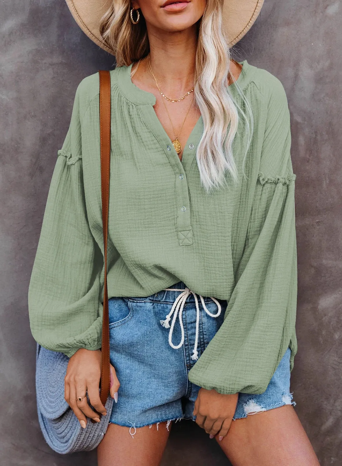 Solid color mosaic lantern sleeve button V-neck casual shirt woman