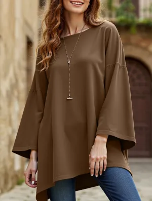 Solid color round neck slit long sleeve loose top Sweat Absorbing Lining