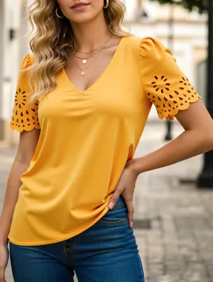 Solid Color V-neck Burnout Blouse ??Lightweight Semi-Sheer Top for Women AdjustableHemCuffs