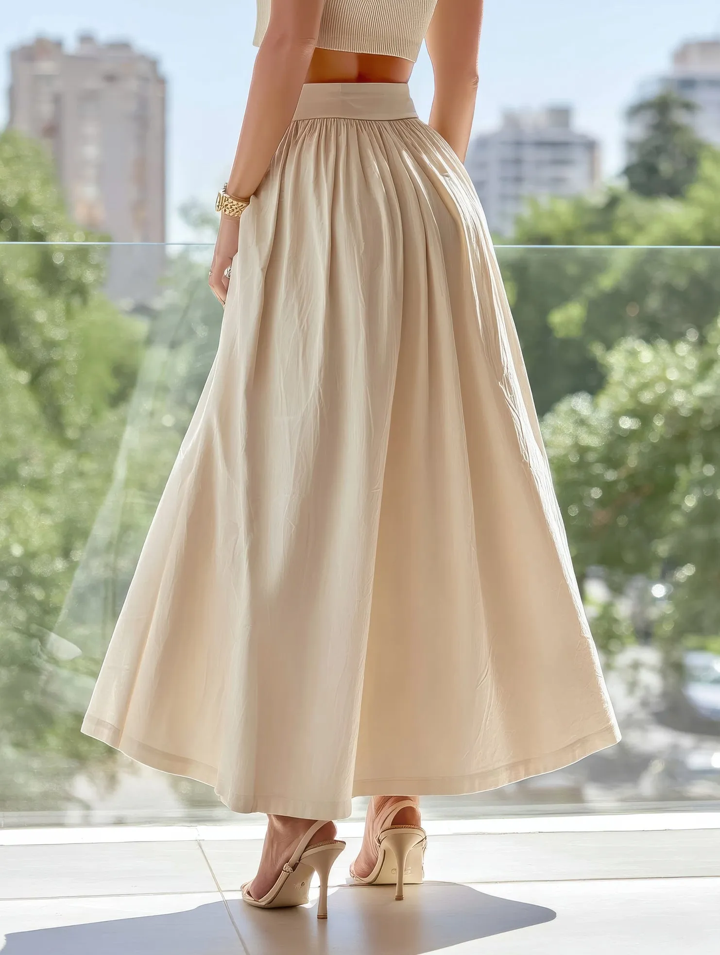 Versatile Wear Solid Color Waist Drop Slimming Hemline Skirt ??Elegant Cotton Linen Midi Skirt