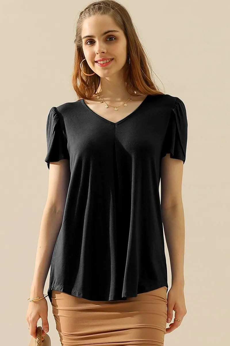 Adjustable Hem TonalStitching SOLID V NECK SHORT TULIP SLEEVE TUNIC TOPS