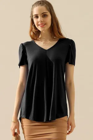 Anti Pilling Fabric High Collar Design SOLID V NECK SHORT TULIP SLEEVE TUNIC TOPS