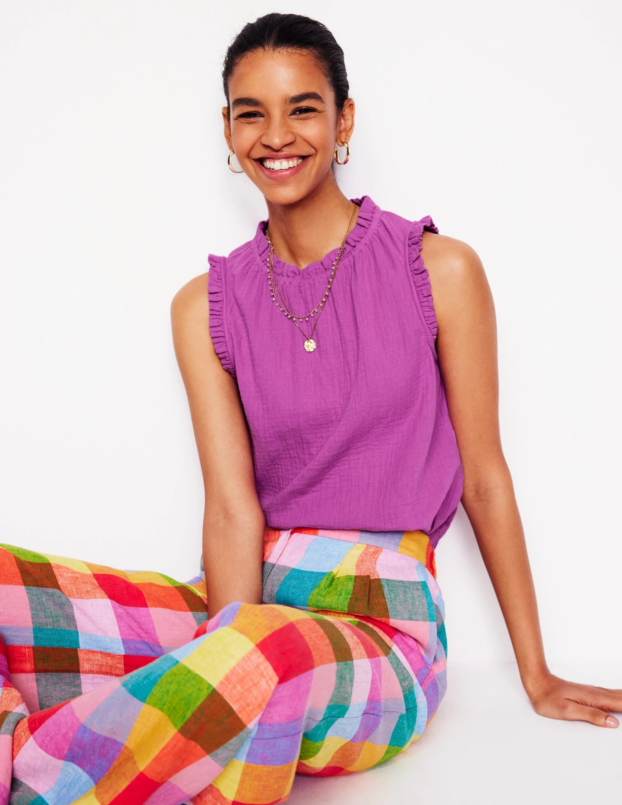 Sleeveless Top Sophie Ruffle Double Cloth Top-Foxglove Purple