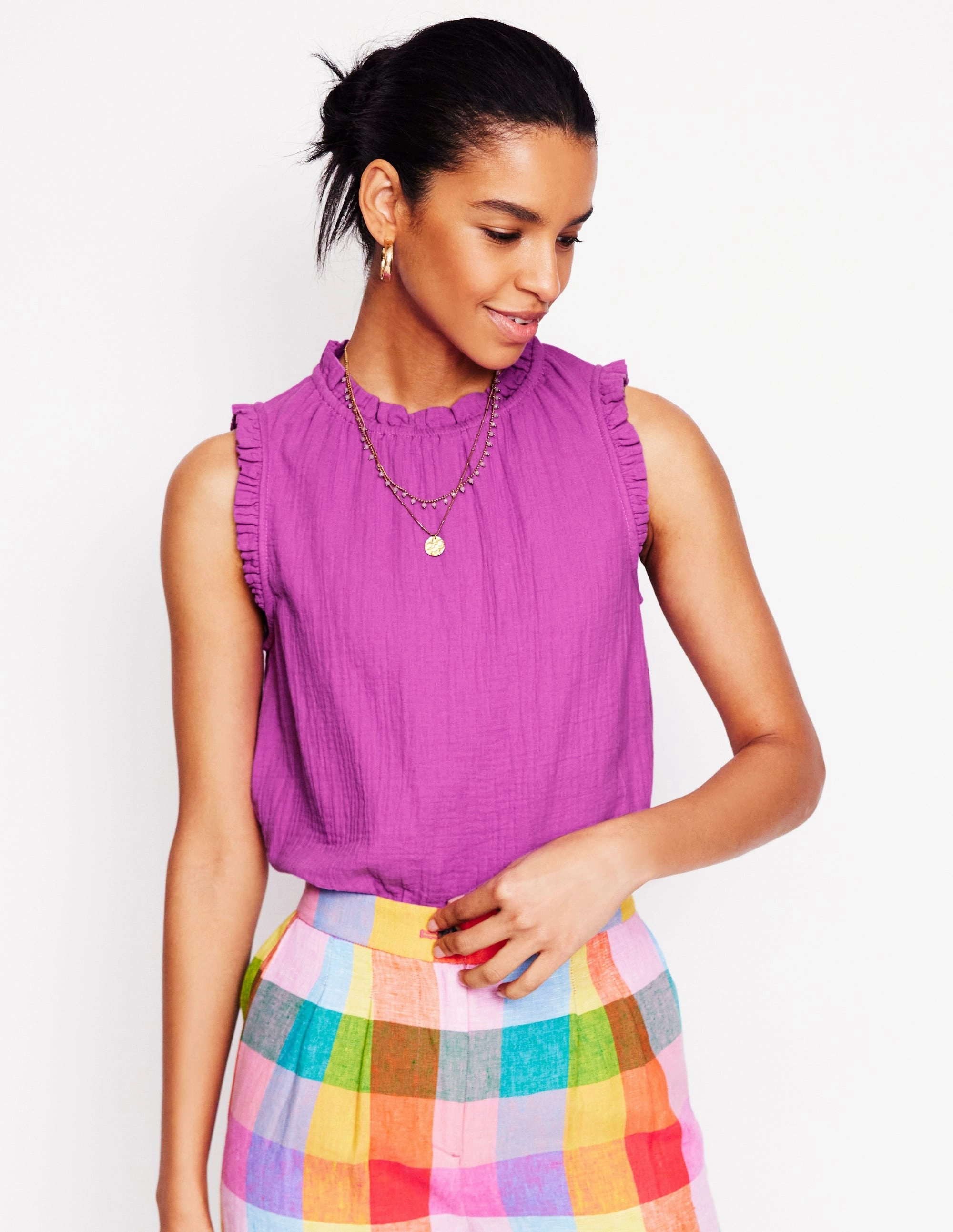 Sophie Ruffle Double Cloth Top-Foxglove Purple Moisture Control Technology