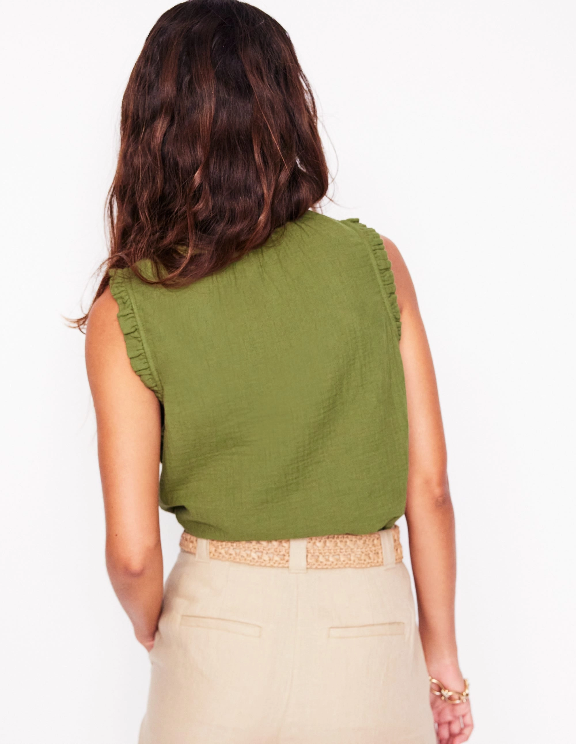 Sophie Ruffle Double Cloth Top-Olive Green Wrinkle Resistant Treatment