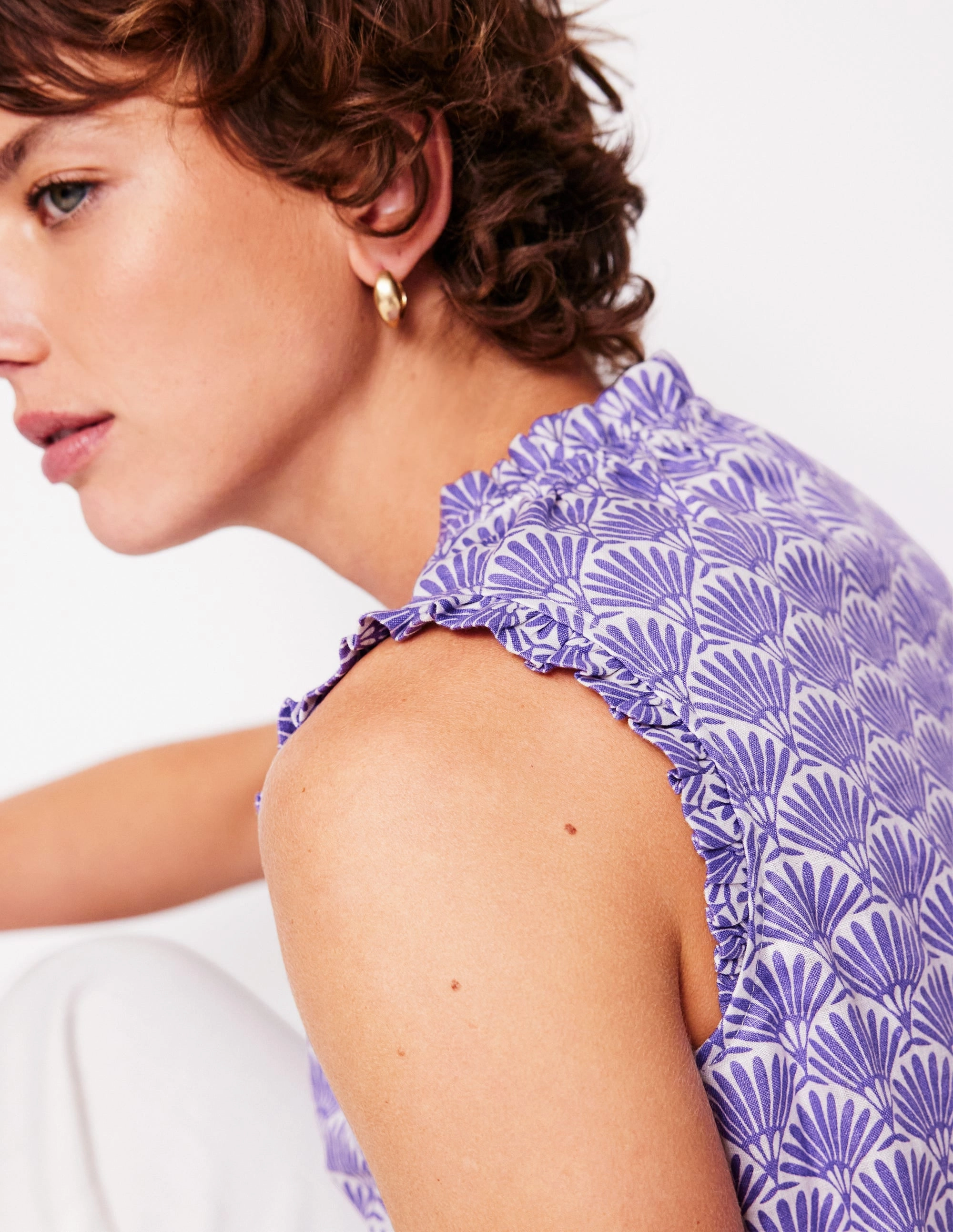Sophie Ruffle Linen Top-Purple, Deco Palm Durable Reinforced Shoulders