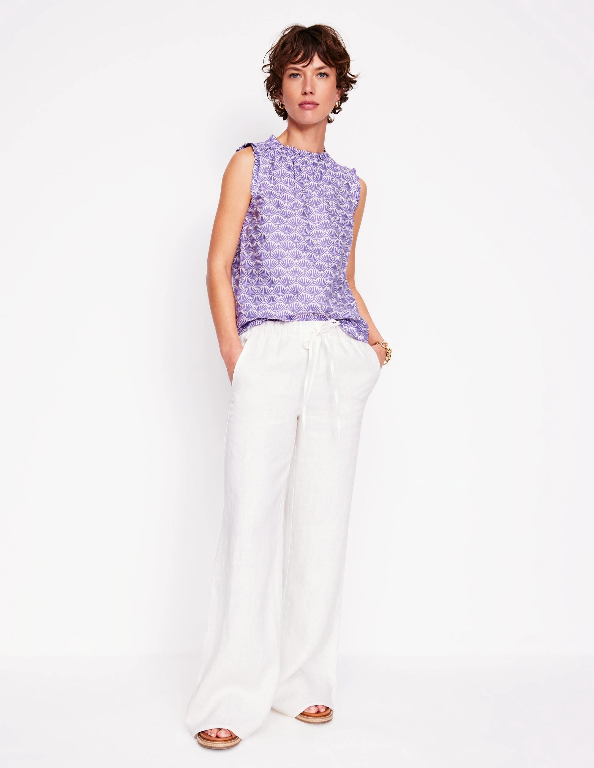 Elasticated Hem Comfortable Collar Sophie Ruffle Linen Top-Purple, Deco Palm
