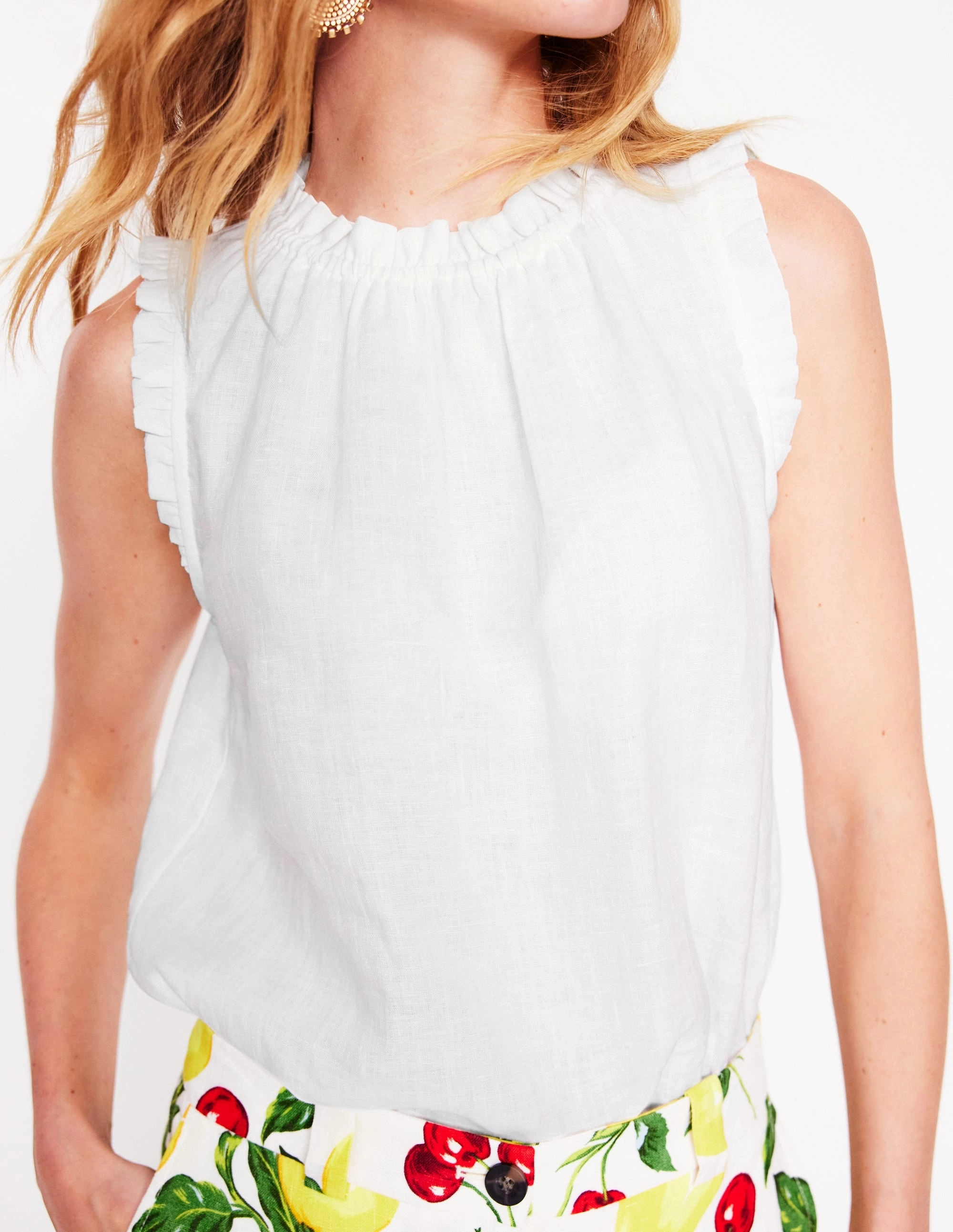 Sophie Ruffle Linen Top-White StretchFabric