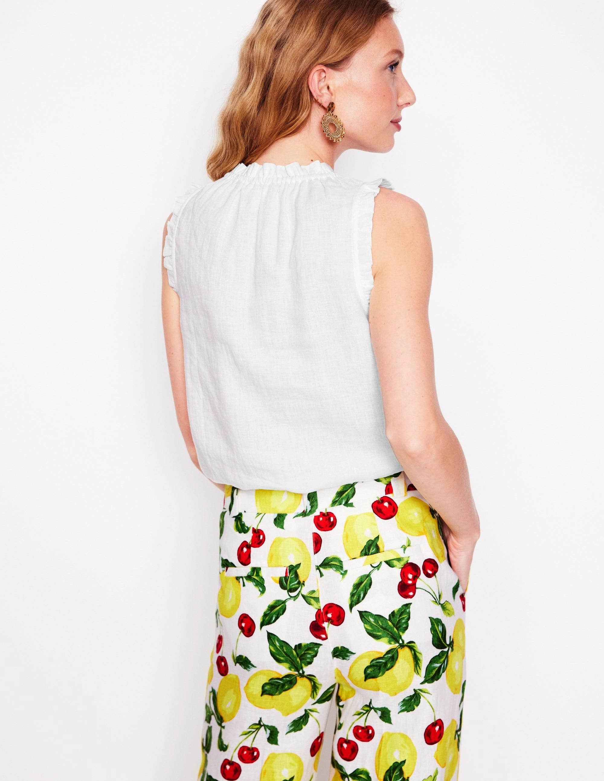AntiPill Finish Yarn Dyed Stripes Sophie Ruffle Linen Top-White