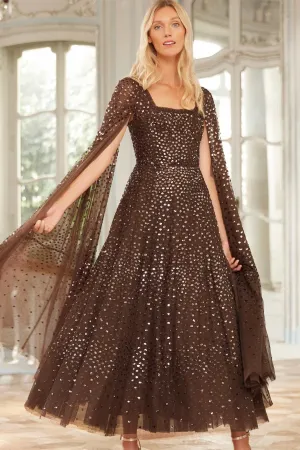 Flawless Waistband Fit Perfect Layering Scatter Dot Cape Sleeve Ankle Gown