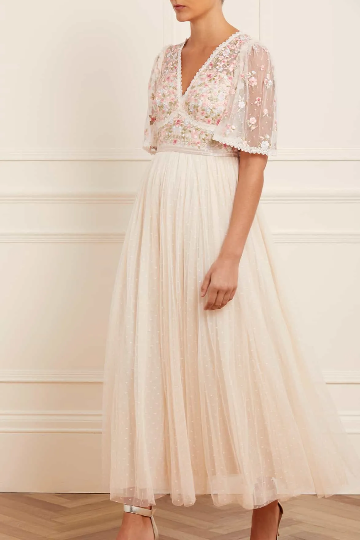 Ribbon Bouquet Bodice Ankle Gown Light Bow Scalloped-Edge