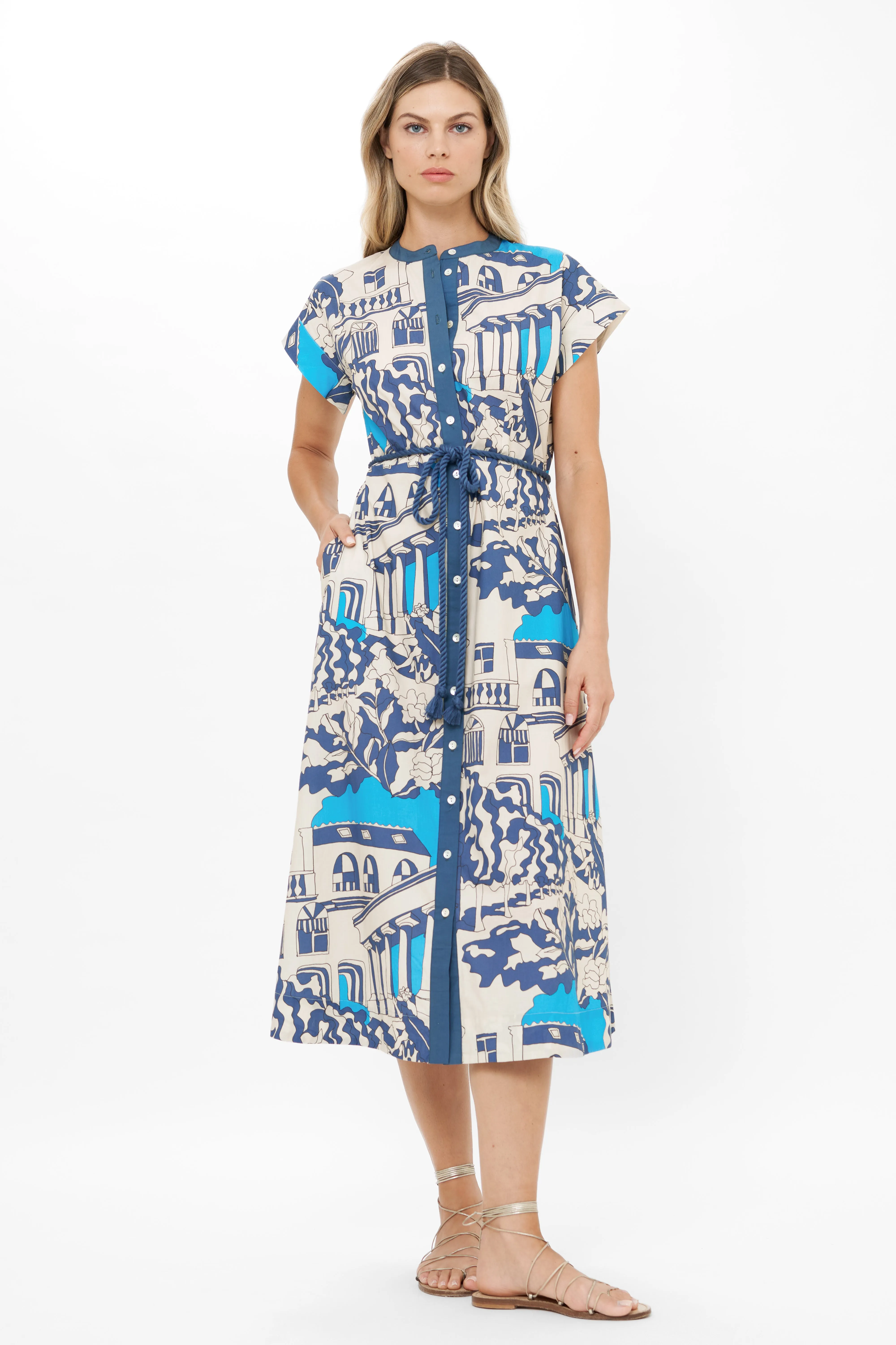 Cap Sleeve Shirt Dress Midi Roma Blue Sequin-Detail Subtle Motion