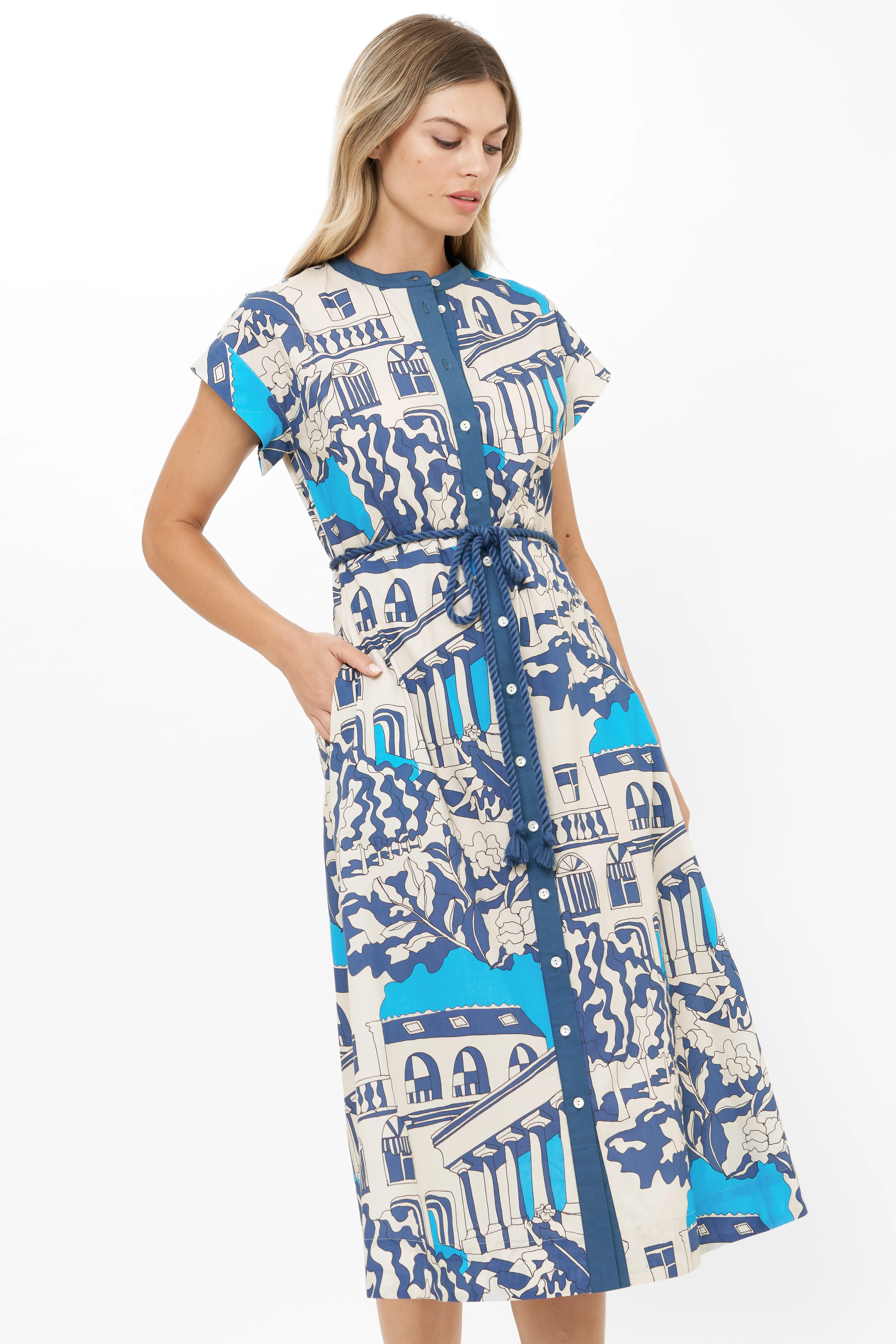 Subtle Lines Statement-Piece Cap Sleeve Shirt Dress Midi Roma Blue
