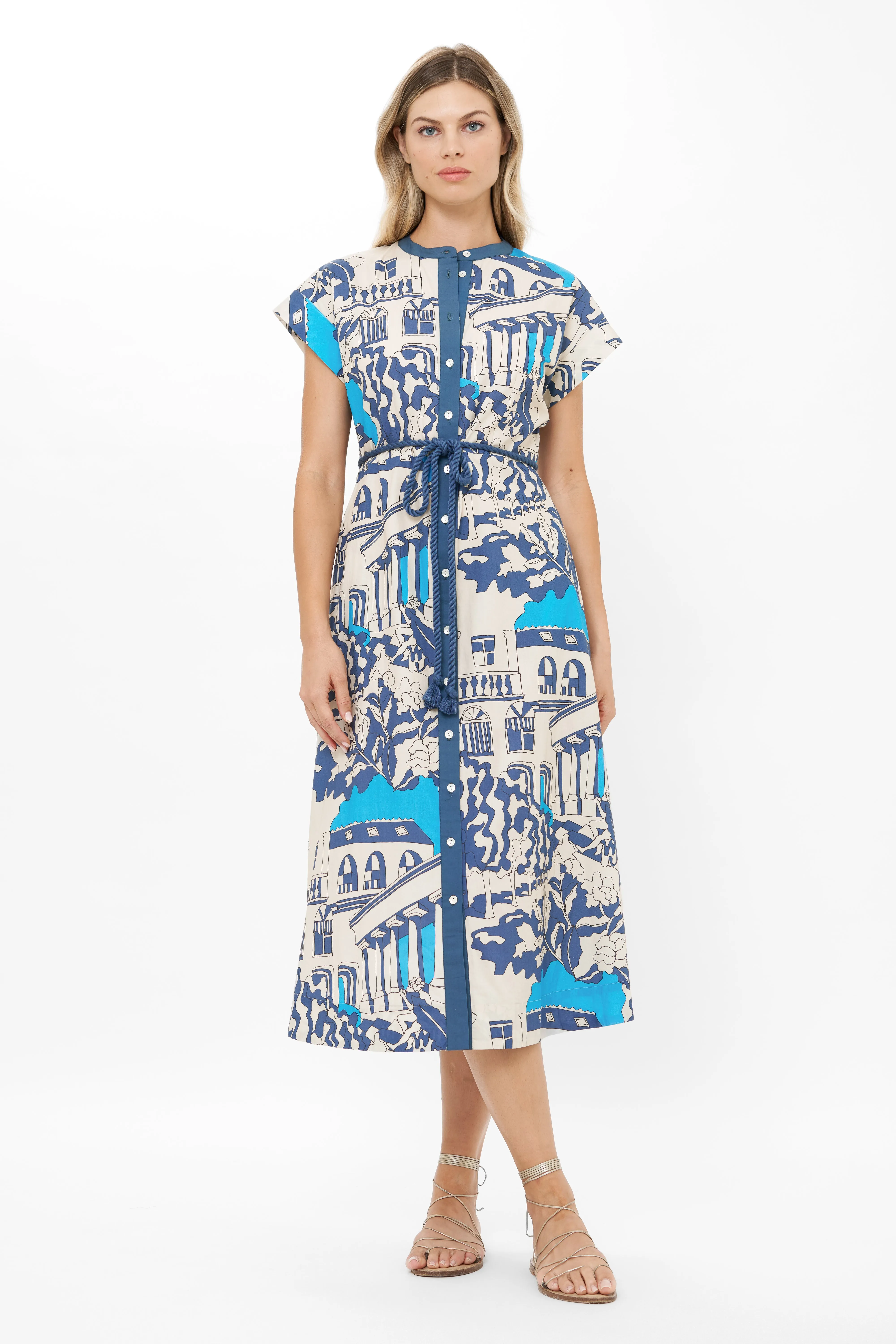 Cap Sleeve Shirt Dress Midi Roma Blue Chic Ensemble Morning Wear