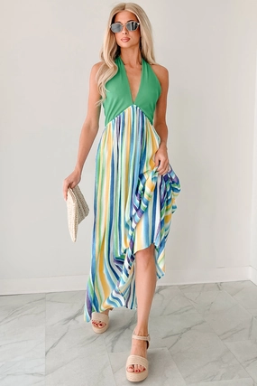 Daily Form Beauty Awaits Striped Halter Maxi Dress (Green)