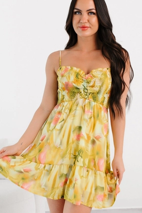 Flattering Wearable Satin Layers Blooming Days Smocked Floral Mini Dress (Green)