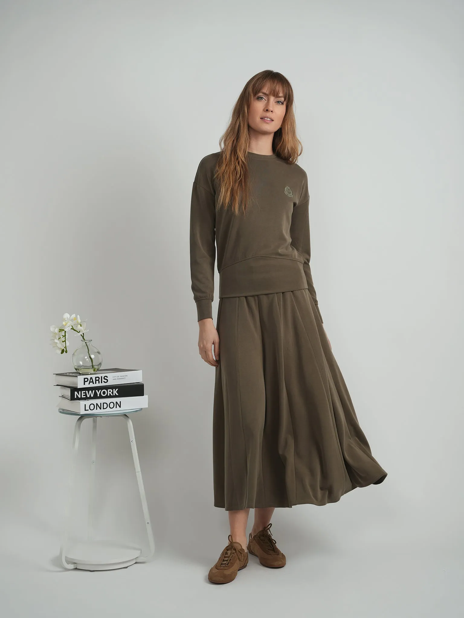 Spades olive Ribbed Midi Sweat Skirt WB5CM1795SM Non Restrictive raw hem