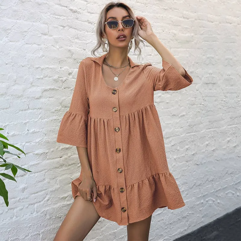 COTTON LAPEL LOOSE DRESS_CWDSD3934 Soft Detail Beaded-Sleeve