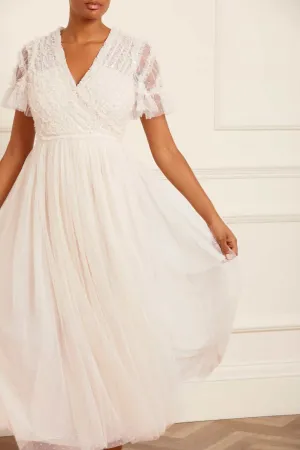 Shared Glow Flattering Comfort Wear Spiral Sequin Bodice V-Neck Ankle Gown
