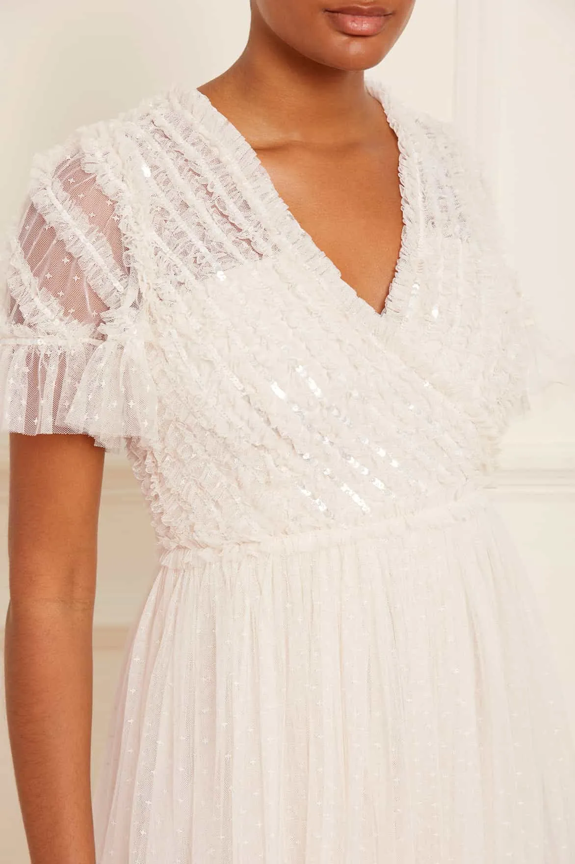 Warm Palette Spiral Sequin Bodice V-Neck Ankle Gown