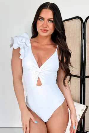 Beach Comfort Elastic Free Edging Splash Out One Piece Ruffle Sleeve Swimsuit (White)