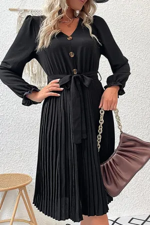 Urban Motion Charming Comfort BUTTON DETAILED SLIM WIST PLEATED TRENDY DRESS