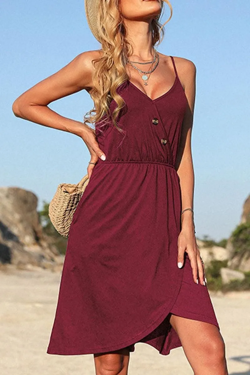 Stylish Layer Satin Soft V NECK BUTTON TIGHTEN WAIST CAMISOLE DRESS