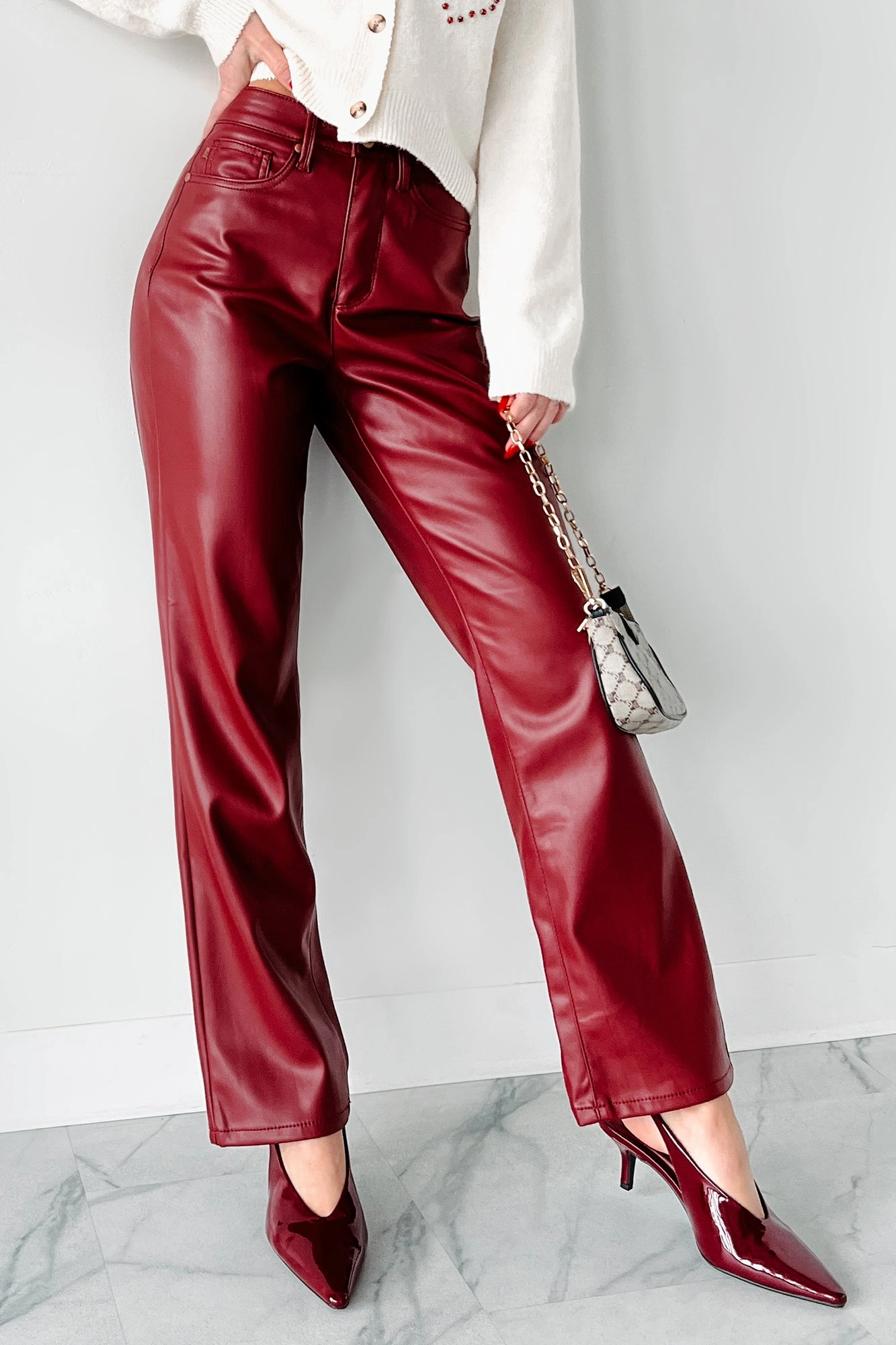 Lexly Judy Blue High Rise Tummy Control Faux Leather Pants (Red) Simple Utility