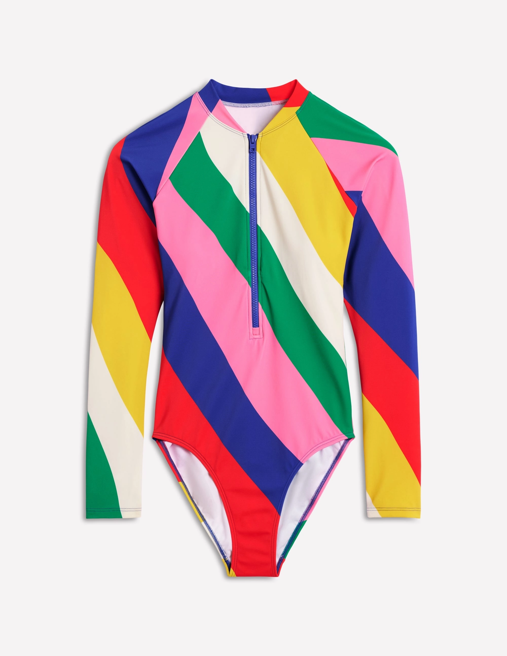 Sporty Raglan Sleeve Swimsuit-Multi, Rainbow Cascade Snag Resistant Fabric Body Hugging Technology