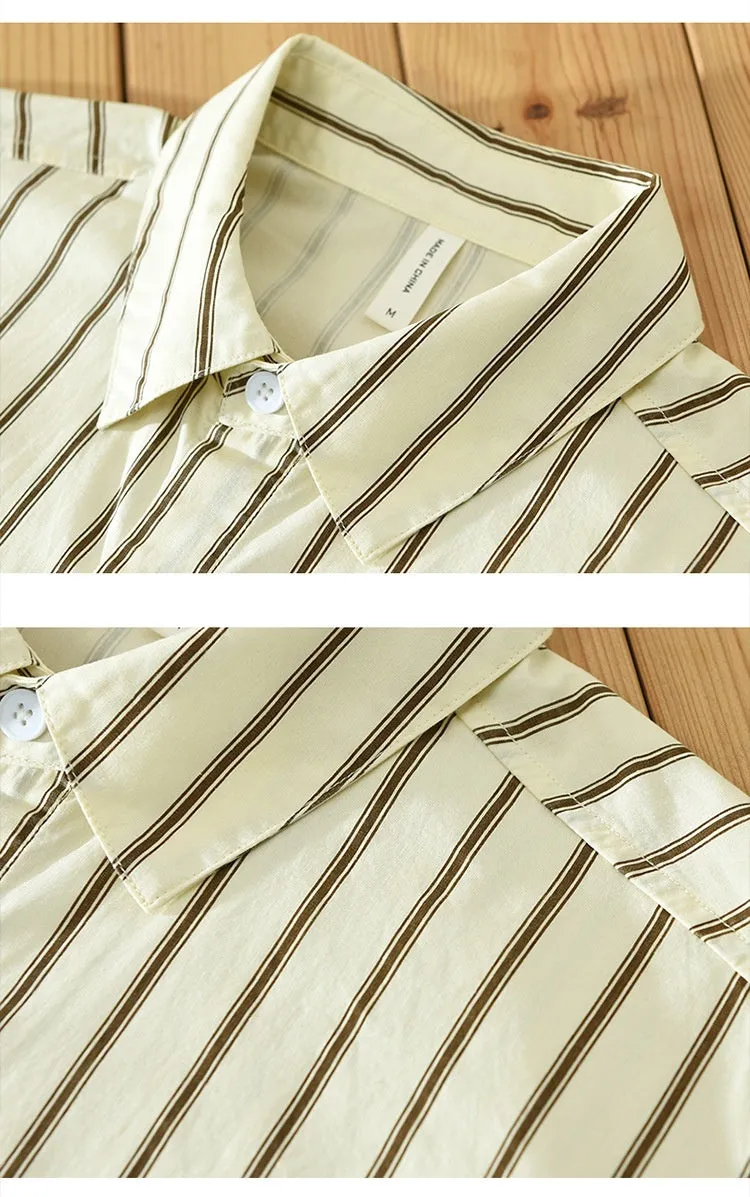 Square Collar Striped Casual Shirt Trendy Loose-fitting Versatile Blouse Pure Cotton Coat