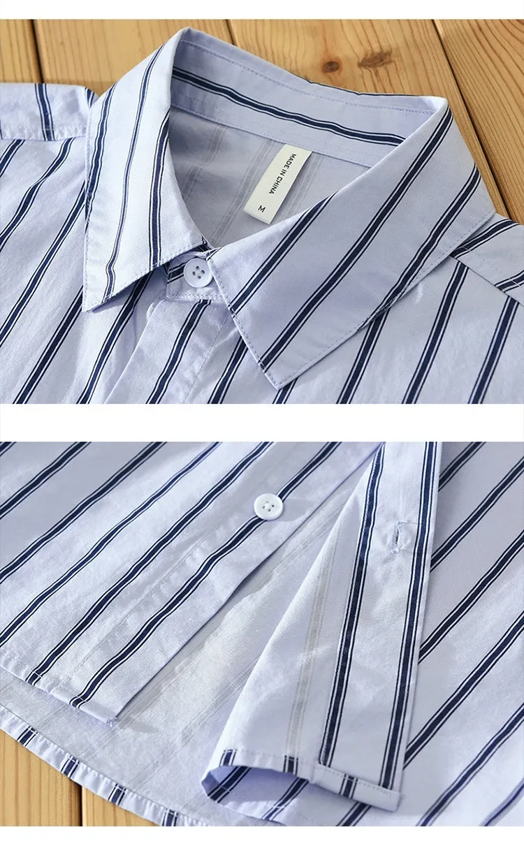 Square Collar Striped Casual Shirt Trendy Loose-fitting Versatile Blouse Pure Cotton Coat