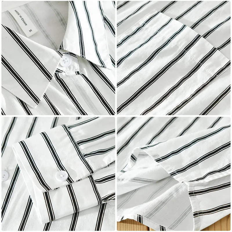 Square Collar Striped Casual Shirt Trendy Loose-fitting Versatile Blouse Pure Cotton Coat
