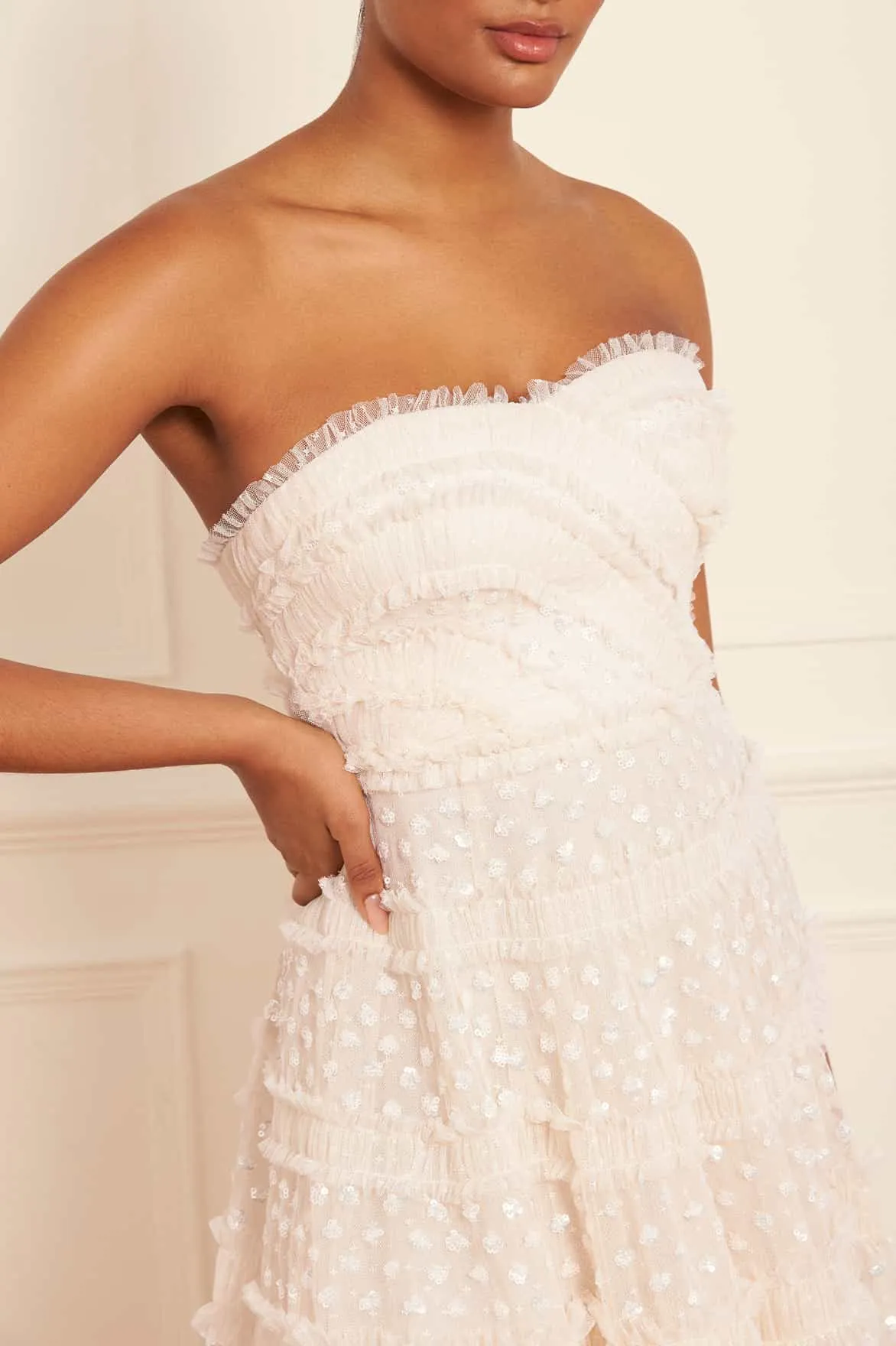 Dot Shimmer Tiered Strapless Ankle Gown Smart Waist Design Seamless Finish