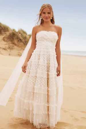 Happy Glow Thermal-Lined Dot Shimmer Tiered Strapless Ankle Gown