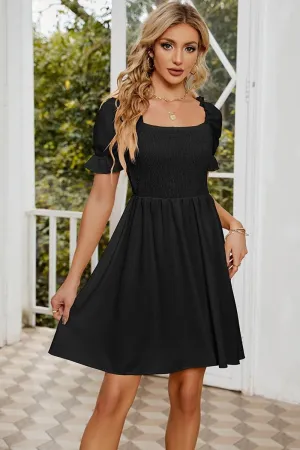 SQUARE NECK PUFF SLEEVES PLEATED SHORT DRESS Bright Accent