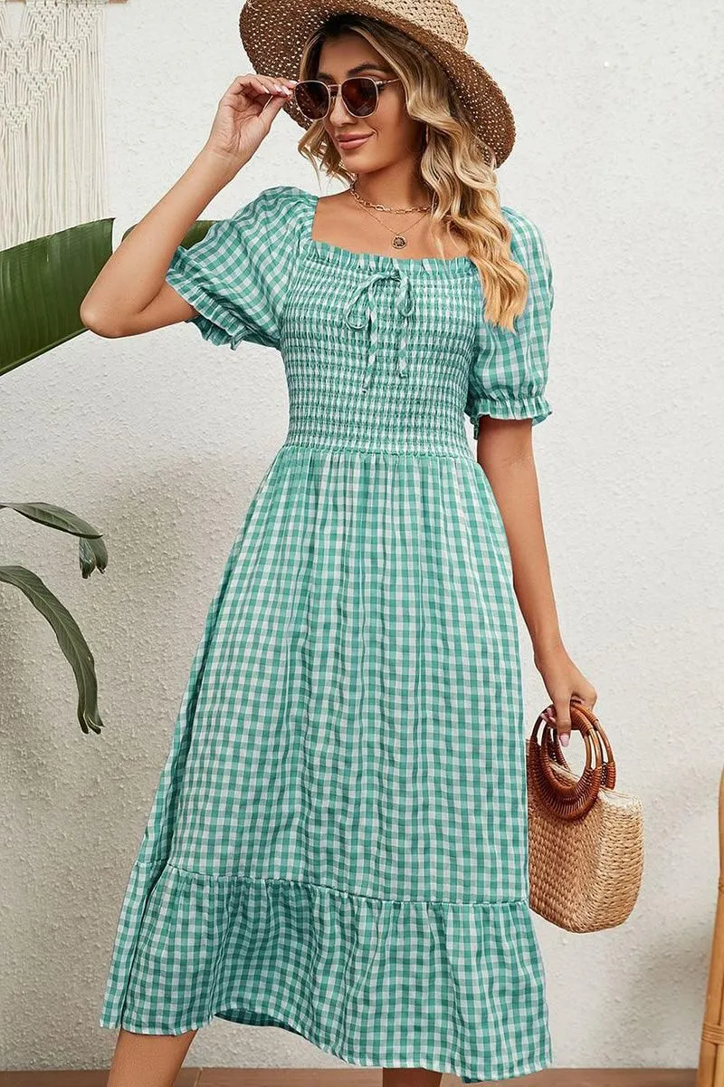 SQUARE NECK WRINKLED PUFF PLAID PICNIC DRESS Workwear Fashionable Layer