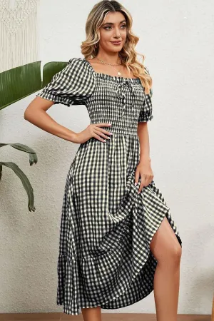SQUARE NECK WRINKLED PUFF PLAID PICNIC DRESS Everyday-Use