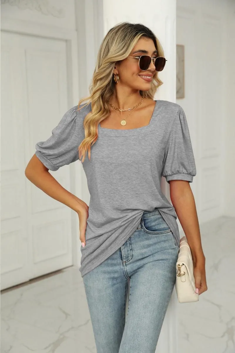 SQUARED NECKLINES RUFFLED LOOSE TEES Ribbed collar